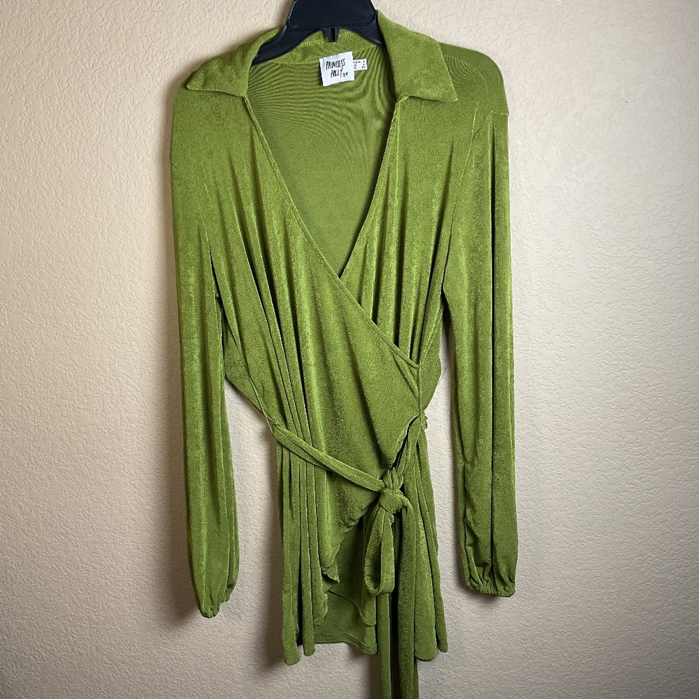 Princess Polly Womens 4 Green Long Sleeve Party Time Wrap Mini Dress Tie Waist